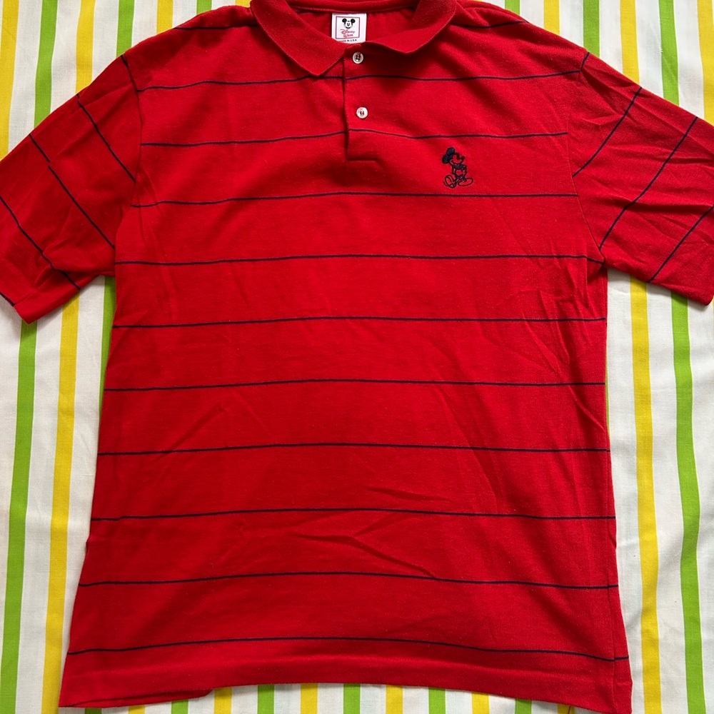 Vintage Disney Mickey Mouse  Red Polo Shirt with Black Stripes